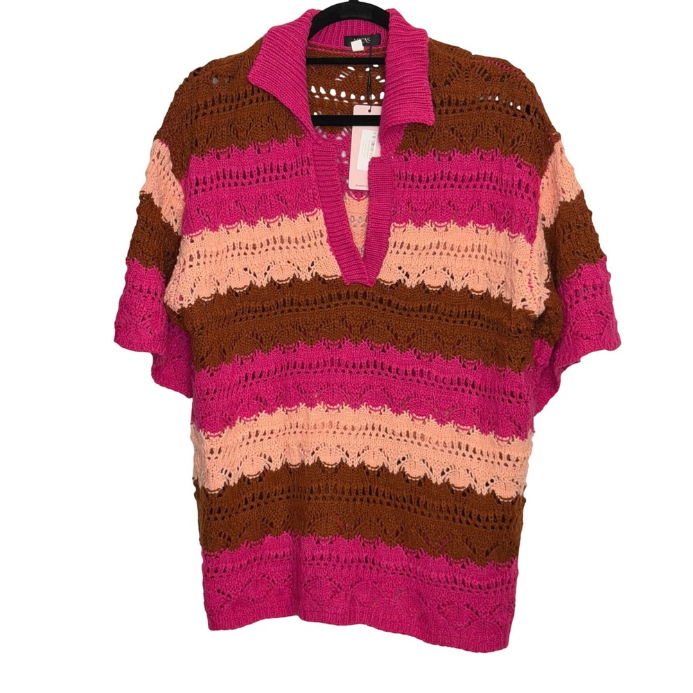 Micas NWT Womens Crochet Knit Polo Sweater Short Sleeve Oversized M